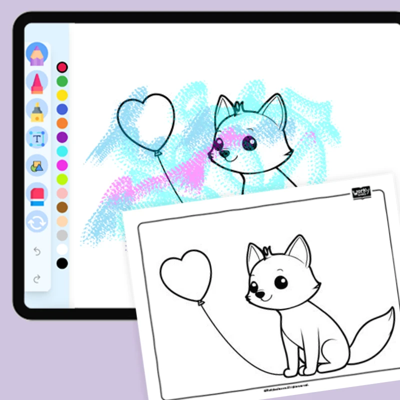 Fox with a heart-shaped balloon — coloring-pages coloring page for Grade 1, Grade 2, Grade 3, Grade 4, Grade 5, page 1 of 1