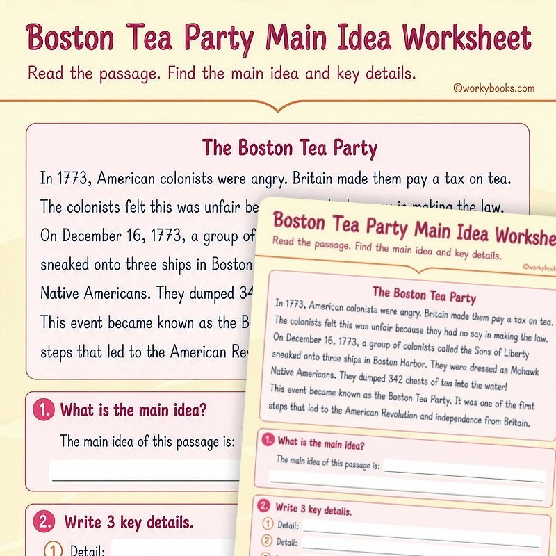 Boston Tea Party: Main Idea and Key Details — ela worksheet for Grade K, Grade 1, Grade 2, page 1 of 1