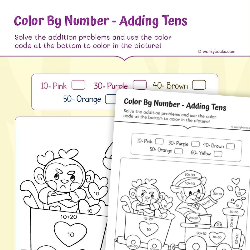 Color By Number — Adding Tens — math worksheet for Grade K, Grade 1, page 1 of 3