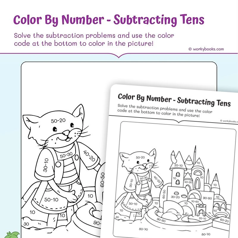 Color By Number — Subtracting Tens - Sand Castle — math worksheet for Grade K, Grade 1, page 1 of 3