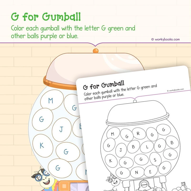G for Gumball — ela worksheet for Grade K, Grade 1, page 1 of 3