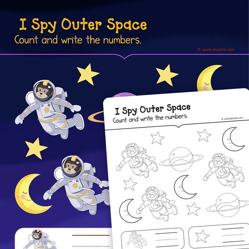 I Spy Outer Space — math worksheet for Grade K, page 1 of 3