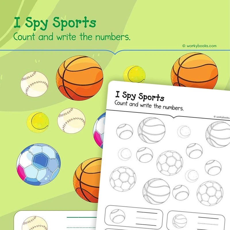 I Spy Sports — math worksheet for Grade K, page 1 of 3