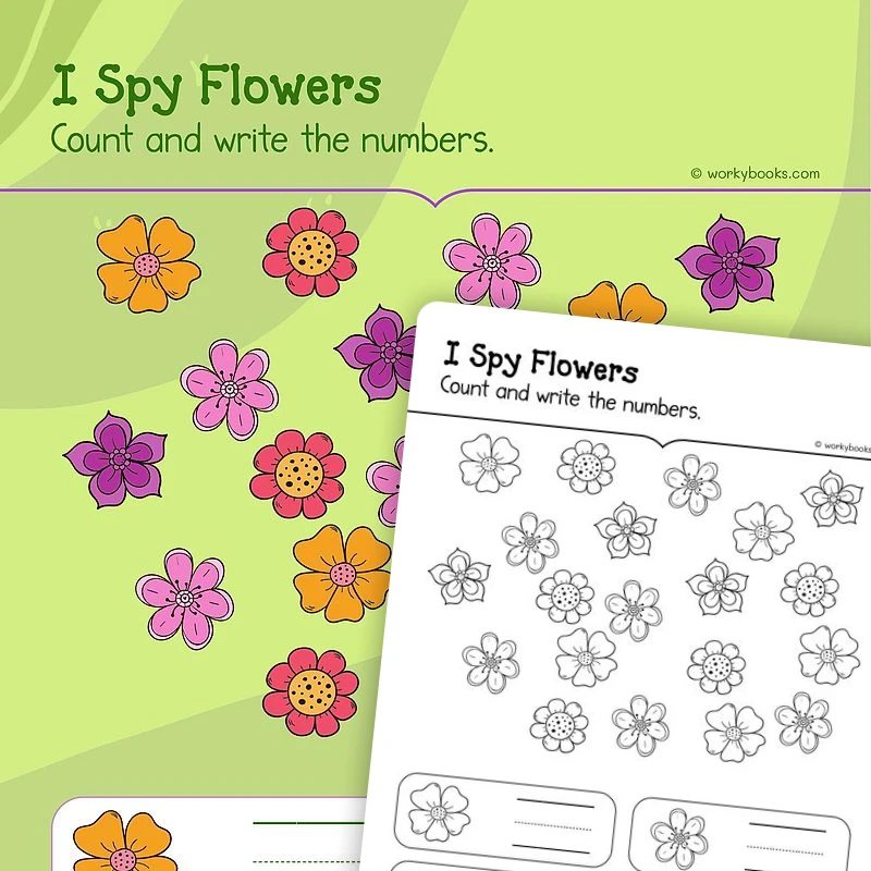 I Spy Flowers — math worksheet for Grade K, page 1 of 3