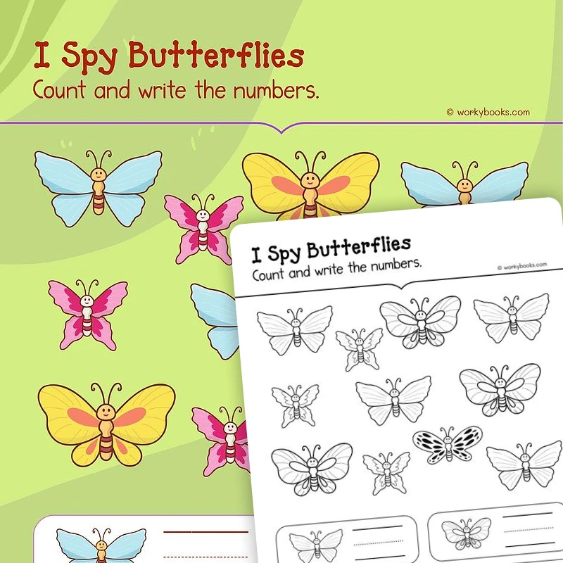 I Spy Butterflies—Counting — math worksheet for Grade K, page 1 of 3