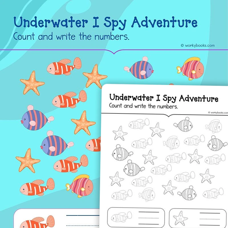 Underwater I Spy Adventure — math worksheet for Grade K, page 1 of 3