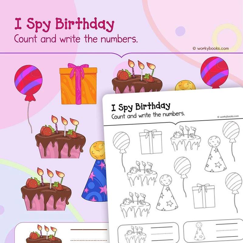 I Spy Birthday—Critical Thinking — math worksheet for Grade K, page 1 of 3