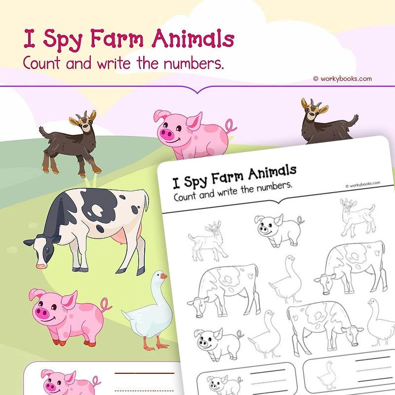 I Spy Farm Animals — math worksheet for Grade K, page 1 of 3