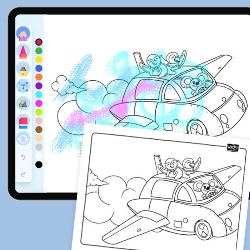Peyton and Poppy in a Flying Car — coloring-pages coloring page for Grade 1, Grade 2, Grade 3, Grade 4, Grade 5, page 1 of 1