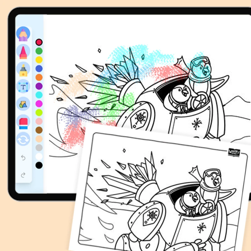 Peyton and Poppy in a Robot for Adventure — coloring-pages coloring page for Grade 1, Grade 2, Grade 3, Grade 4, Grade 5, page 1 of 1
