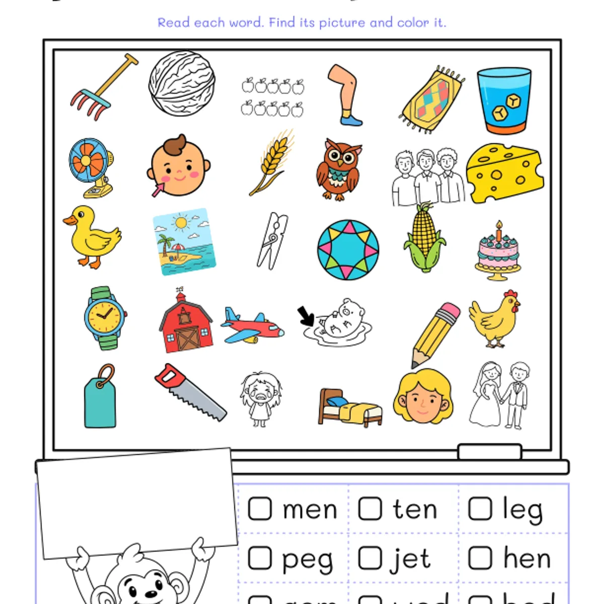 Short e Picture Search Worksheets — ela worksheet for Grade K, Grade 1, page 1 of 2