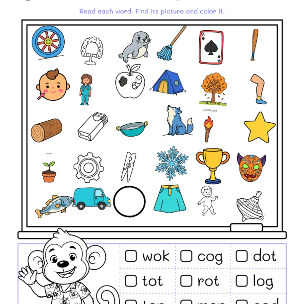 Short o Picture Search Worksheets — ela worksheet for Grade K, Grade 1, page 1 of 2