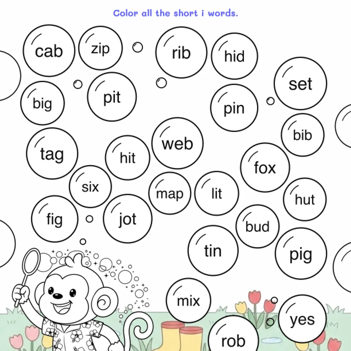 Short i Bubble Pop Worksheets — ela worksheet for Grade K, Grade 1, page 1 of 2