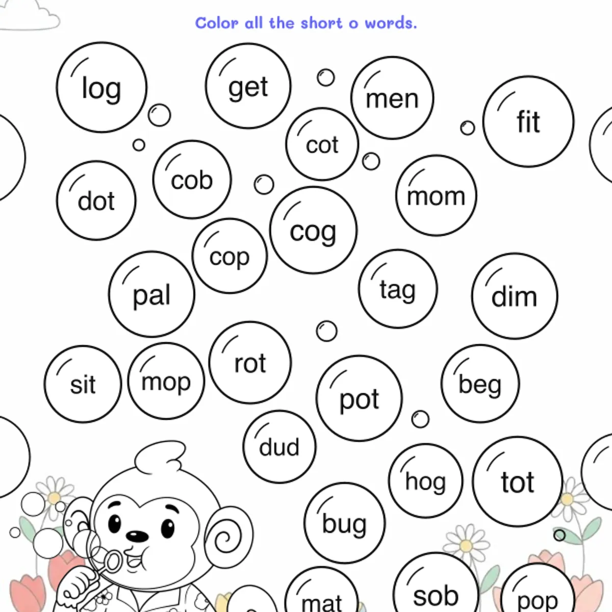 Short o Bubble Pop Worksheets — ela worksheet for Grade K, Grade 1, page 1 of 2