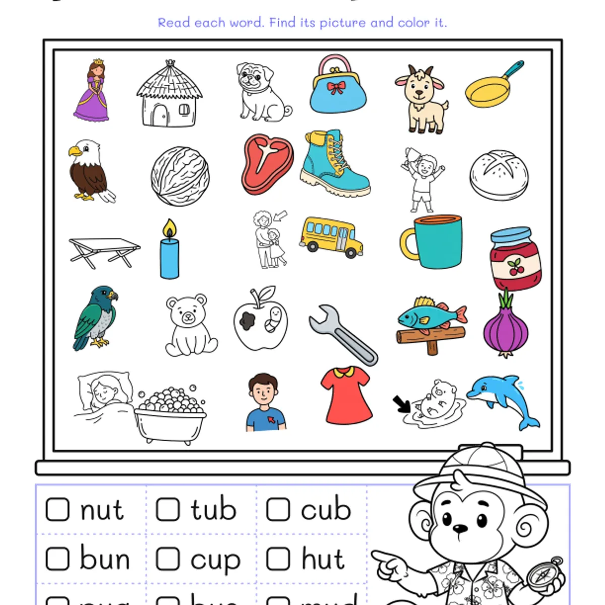 Short u Picture Search Worksheets — ela worksheet for Grade K, Grade 1, page 1 of 2