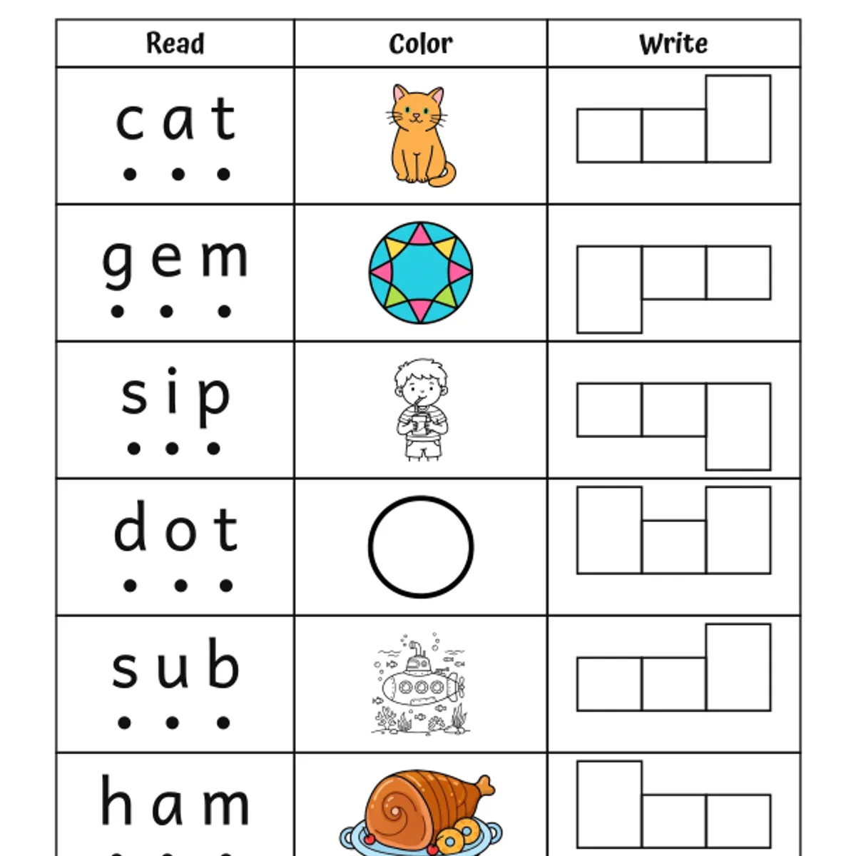 CVC Words Read, Color, Write Worksheets #4 — ela worksheet for Grade K, Grade 1, page 1 of 3