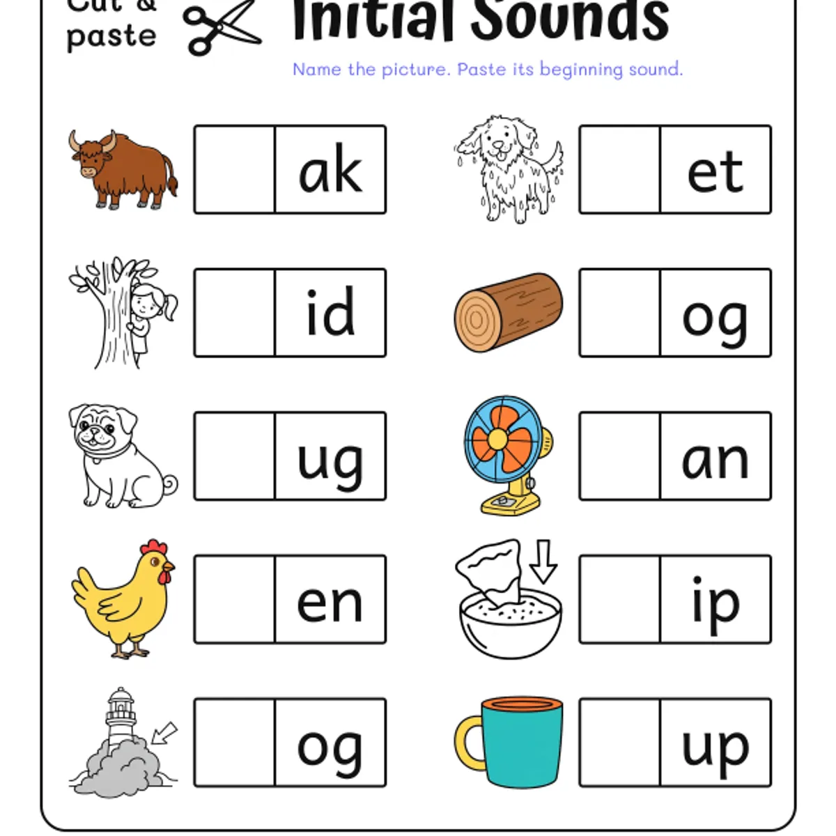 CVC Words Initial Sounds Cut & Paste Worksheets #3 — ela worksheet for Grade K, Grade 1, page 1 of 3