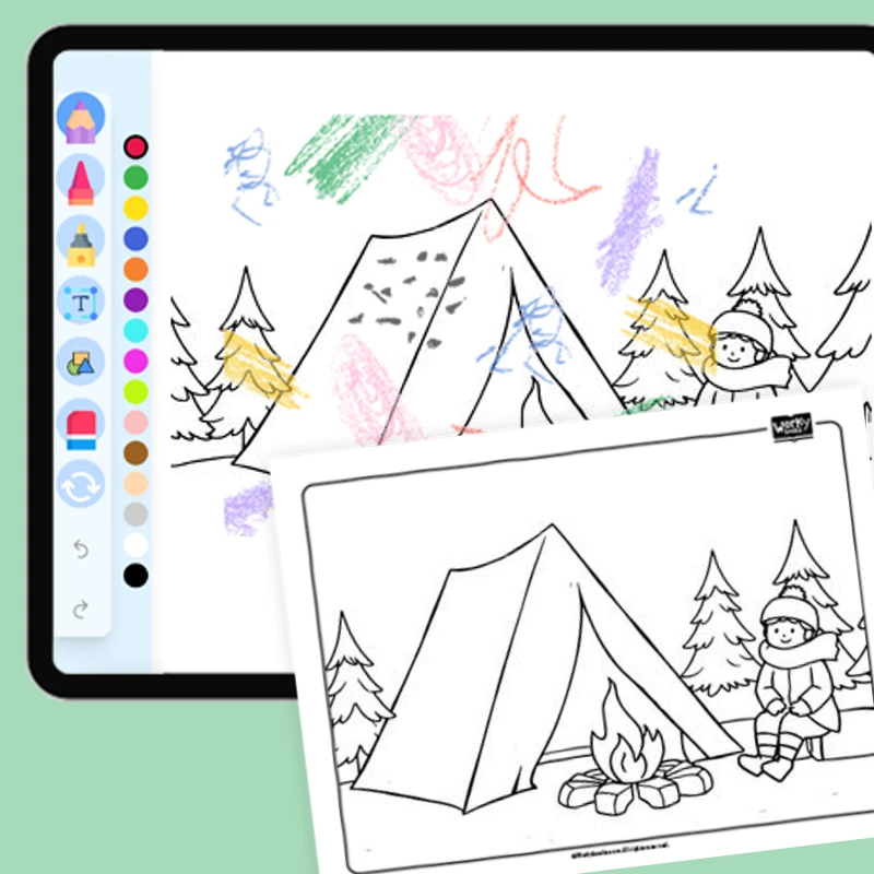 Winter Camping — coloring-pages coloring page for Grade 1, Grade 2, Grade 3, Grade 4, Grade 5, page 1 of 1