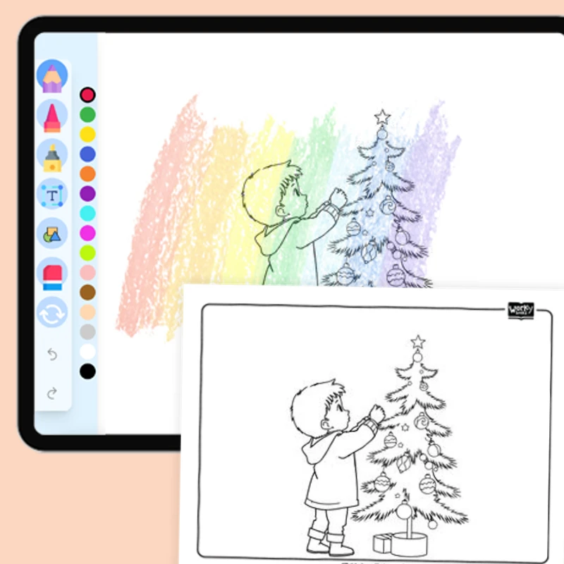 Decorating a Christmas Tree — coloring-pages coloring page for Grade 1, Grade 2, Grade 3, Grade 4, Grade 5, page 1 of 1