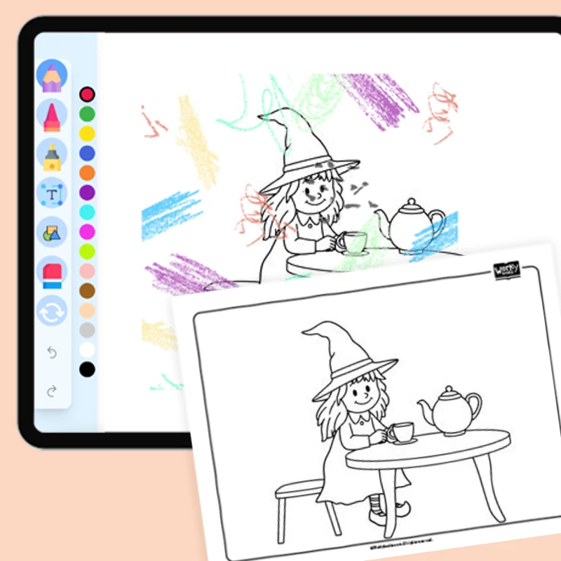 Witch Having a Tea Party — coloring-pages coloring page for Grade 1, Grade 2, Grade 3, Grade 4, Grade 5, page 1 of 1