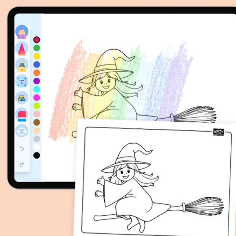 Witch Riding a Broom — coloring-pages coloring page for Grade 1, Grade 2, Grade 3, Grade 4, Grade 5, page 1 of 1