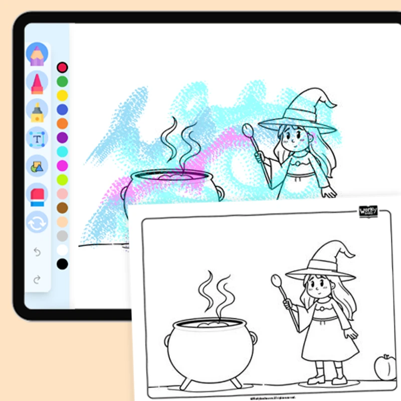 Witch Stirring a Cauldron — coloring-pages coloring page for Grade 1, Grade 2, Grade 3, Grade 4, Grade 5, page 1 of 1