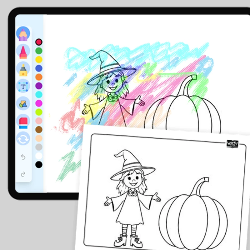 Witch with a Pumpkin — coloring-pages coloring page for Grade 1, Grade 2, Grade 3, Grade 4, Grade 5, page 1 of 1