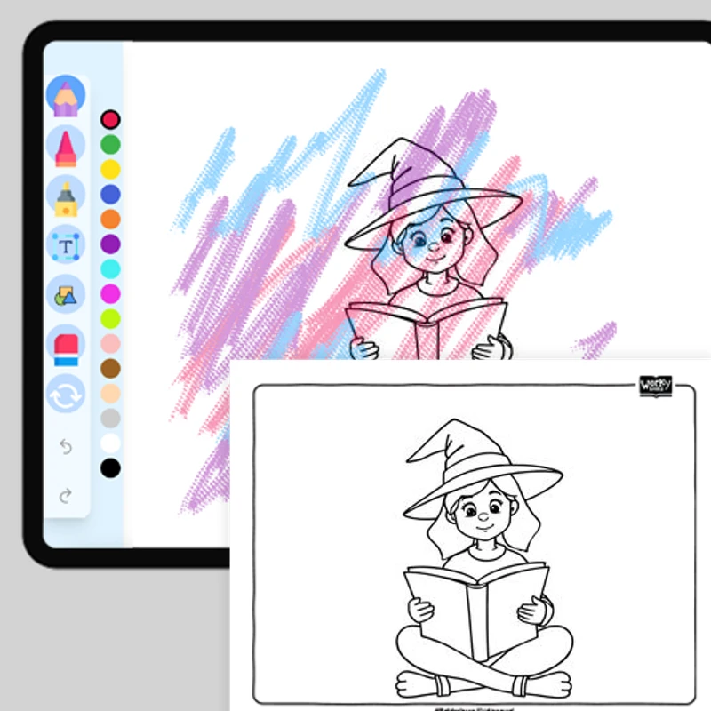 Witch Reading a Spellbook — coloring-pages coloring page for Grade 1, Grade 2, Grade 3, Grade 4, Grade 5, page 1 of 1