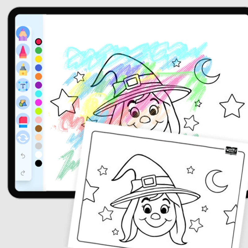 Witch with Stars and Moon — coloring-pages coloring page for Grade 1, Grade 2, Grade 3, Grade 4, Grade 5, page 1 of 1