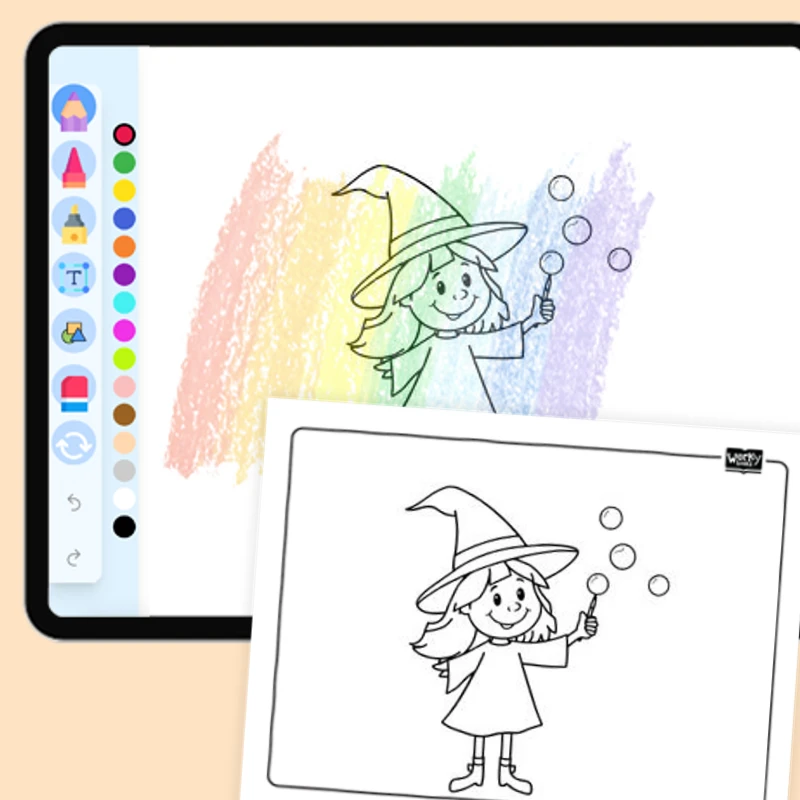 Witch Making Bubbles — coloring-pages coloring page for Grade 1, Grade 2, Grade 3, Grade 4, Grade 5, page 1 of 1
