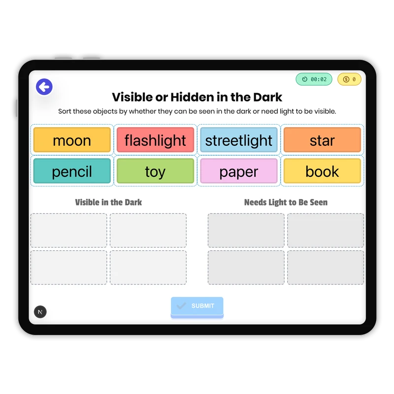 Visible or Hidden in the Dark — science game for Grade 1, Grade 2, Grade 3, Grade 4, Grade 5, page 1 of 1