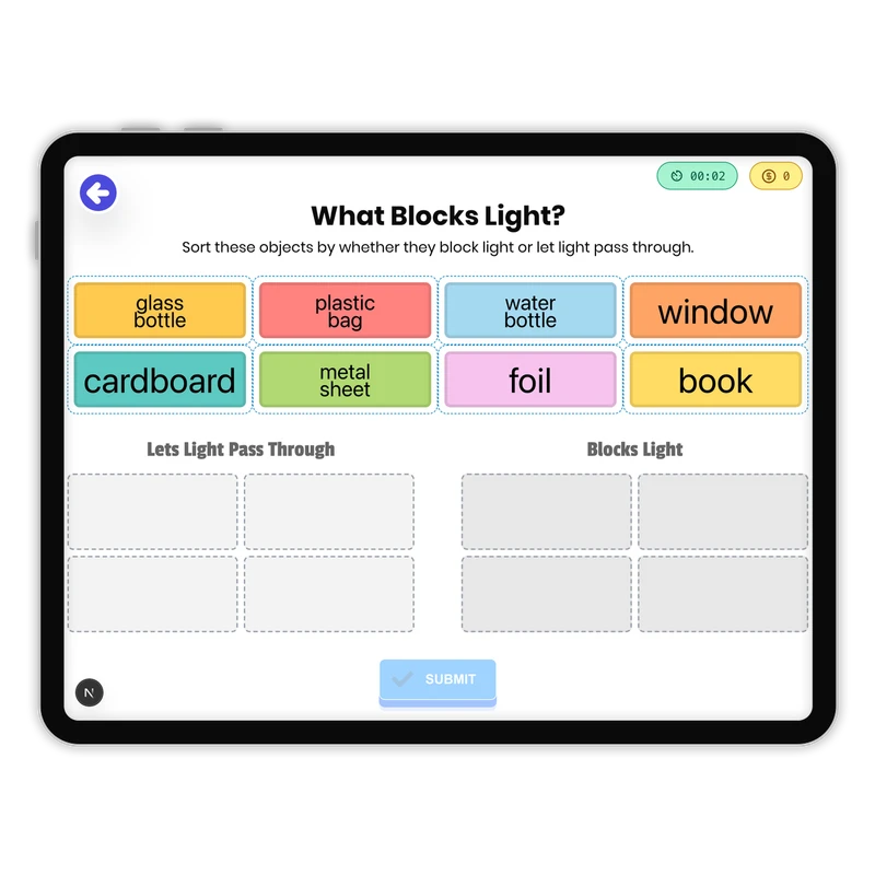 Light and Shadows Word Sort — science game for Grade 1, Grade 2, page 1 of 1