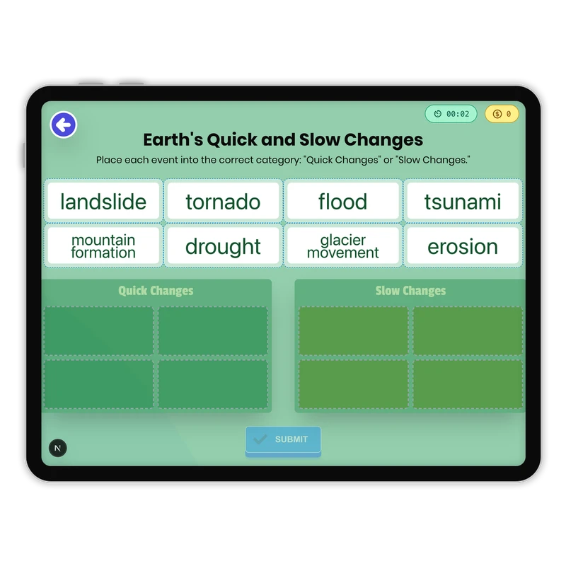Earth's Quick and Slow Changes — science game for Grade 1, Grade 2, Grade 3, Grade 4, Grade 5, page 1 of 1
