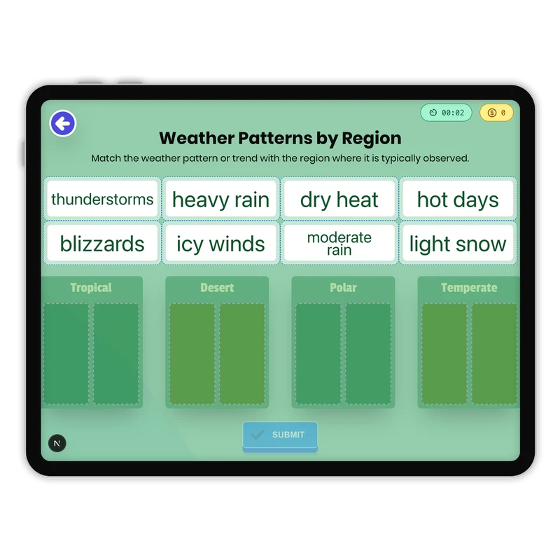 Weather Patterns by Region — science game for Grade 3, Grade 4, Grade 5, page 1 of 1
