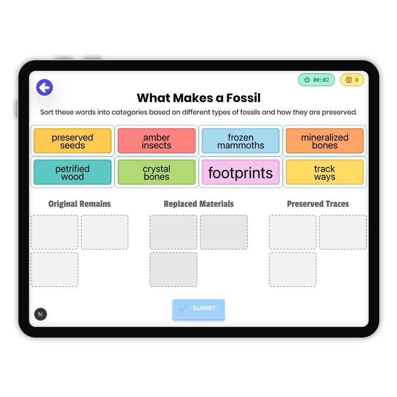 What Makes a Fossil — science game for Grade 3, Grade 4, Grade 5, page 1 of 1