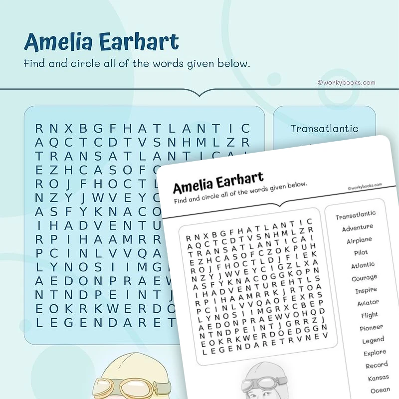 Amelia Earhart—Word Search — ela worksheet for Grade 4, Grade 5, page 1 of 3