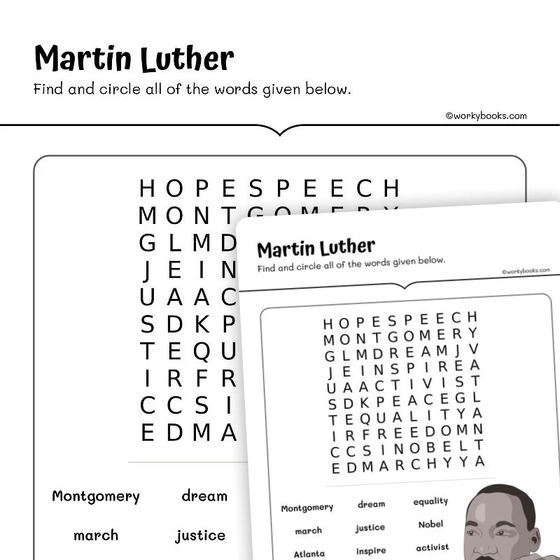 Martin Luther King—Word Search — ela worksheet for Grade 2, Grade 3, Grade 4, Grade 5, page 1 of 3