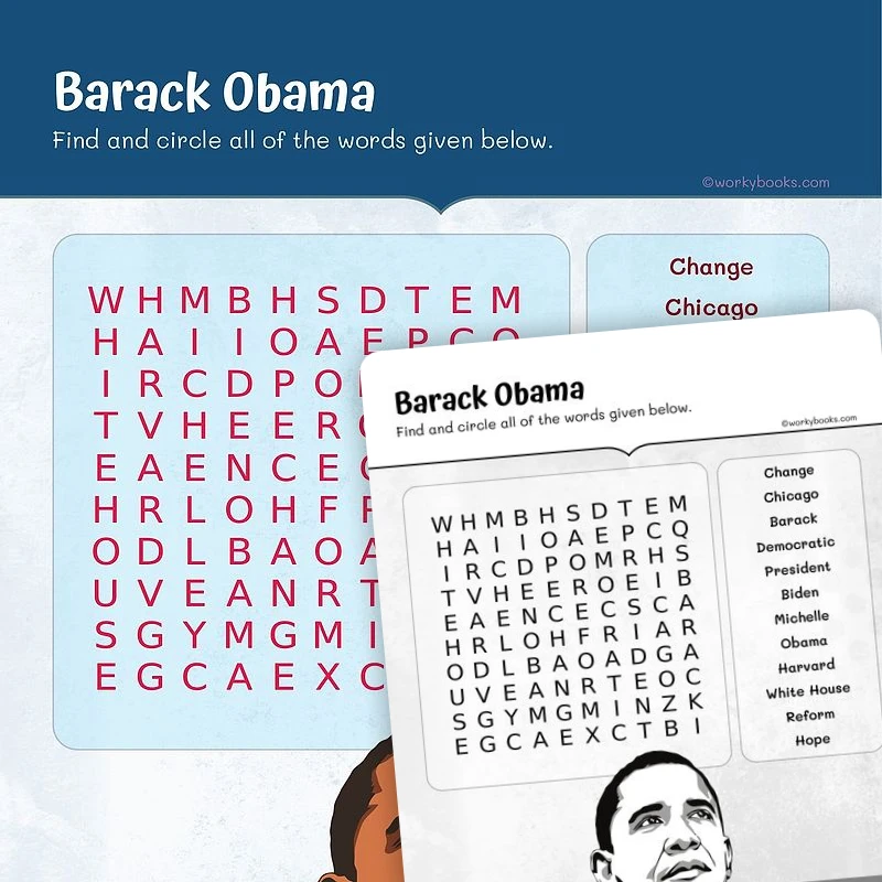 Barack Obama —Word Search — ela worksheet for Grade 2, Grade 3, Grade 4, Grade 5, page 1 of 3