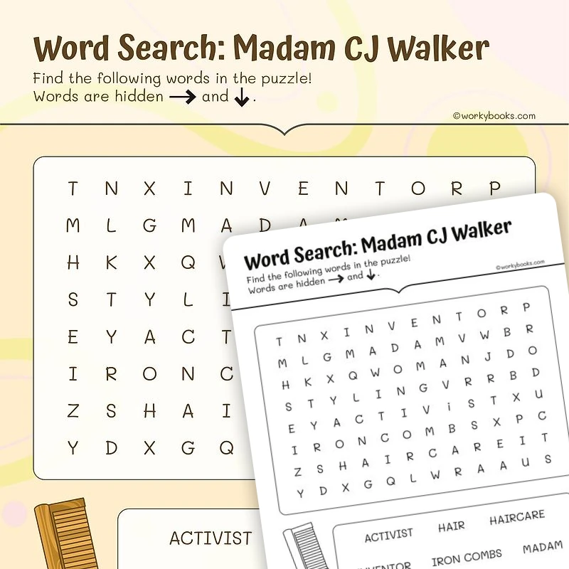 Madam CJ Walker—Word Search — ela worksheet for Grade 2, Grade 3, Grade 4, Grade 5, page 1 of 3