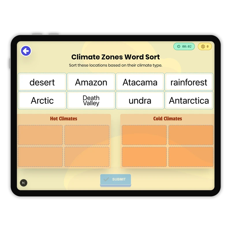 Climate Zones Word Sort — science game for Grade 4, Grade 5, Grade 6, page 1 of 1