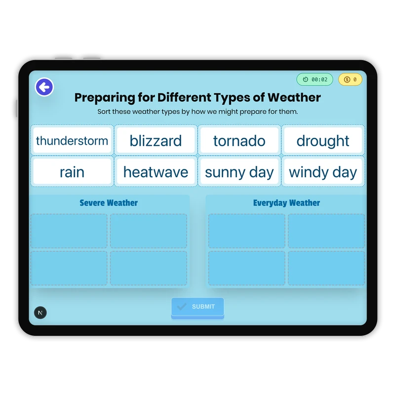 Preparing for Different Types of Weather — science game for Grade K, Grade 1, Grade 2, page 1 of 1