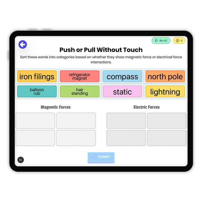 Push or Pull Without Touch" — science game for Grade 3, Grade 4, Grade 5, page 1 of 1
