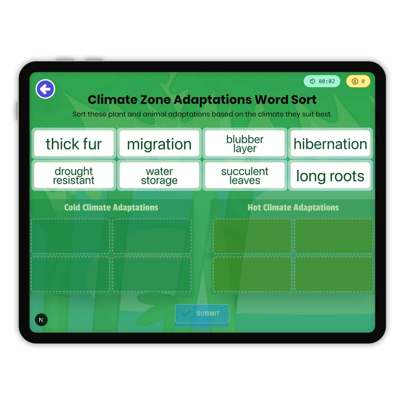 Climate Zone Adaptations Word Sort — science game for Grade 3, Grade 4, Grade 5, page 1 of 1
