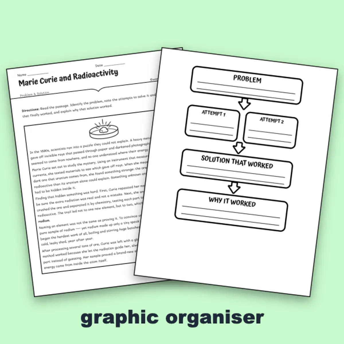 Marie Curie and Radioactivity — ela worksheet for Grade 5, Grade 6, Grade 7, Grade 8, page 1 of null