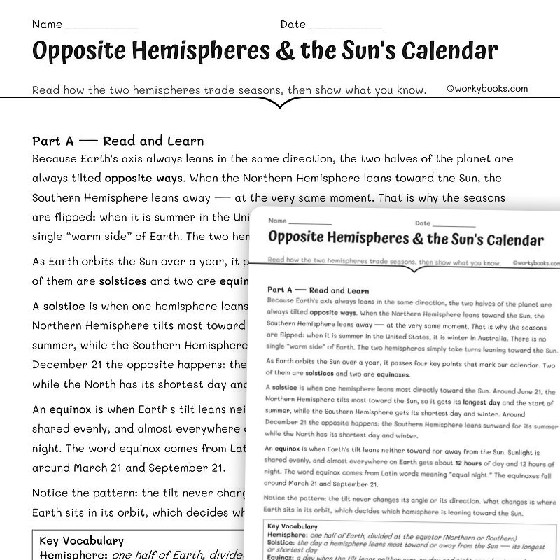 Opposite Hemispheres and Sun's Calendar — science worksheet for Grade 6, Grade 7, Grade 8, page 1 of null