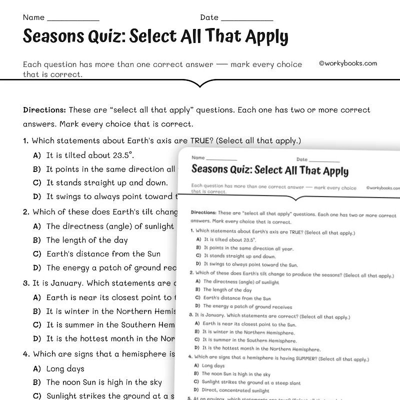 Seasons Quiz: Select All That Apply — science worksheet for Grade 6, Grade 7, Grade 8, page 1 of null