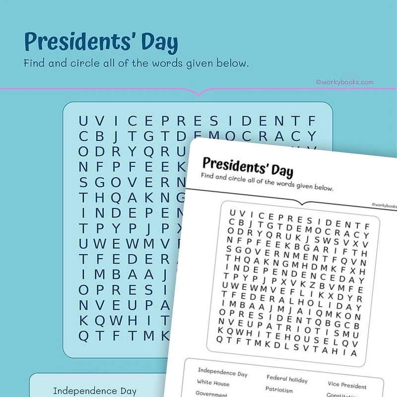 Presidents' Day—Word Search — ela worksheet for Grade 4, Grade 5, page 1 of 3