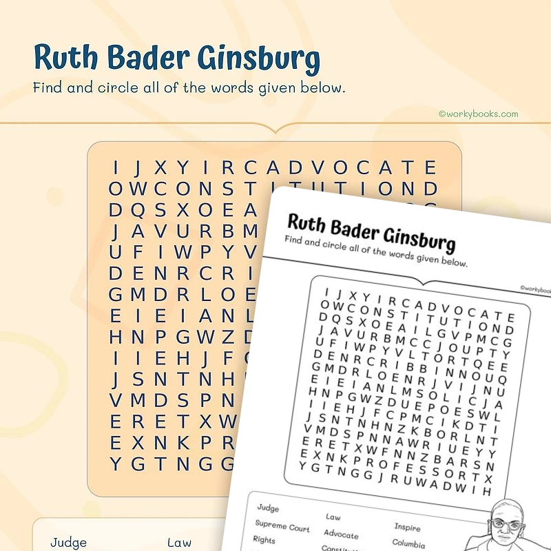 Ruth Bader Ginsburg—Word Search — ela worksheet for Grade 4, Grade 5, page 1 of 3