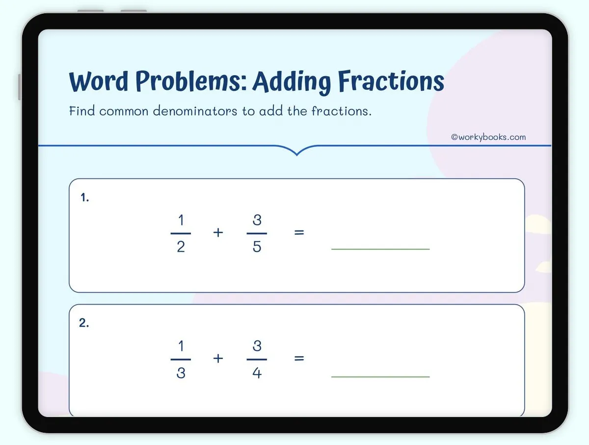 Interactive Worksheet preview: Word Problems: Adding Fractions covering 5.NF.A.1 standards - Page 1 of 1