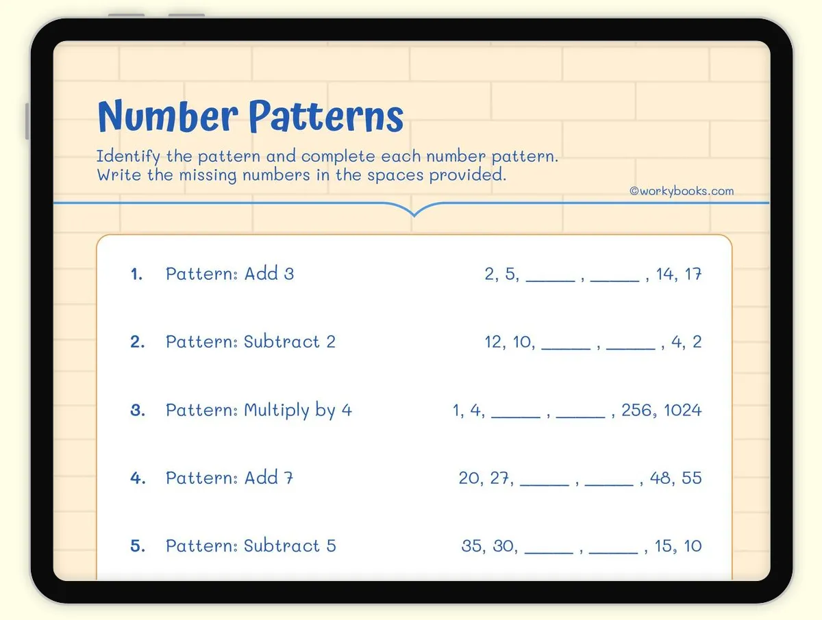 Interactive Worksheet preview: Number Patterns covering 5.OA.B.3, 5.OA.A.2 standards - Page 1 of 1